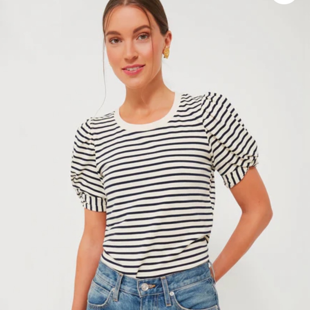 Tuckernuck Navy Blue and White Striped Puff Sleeve Top
